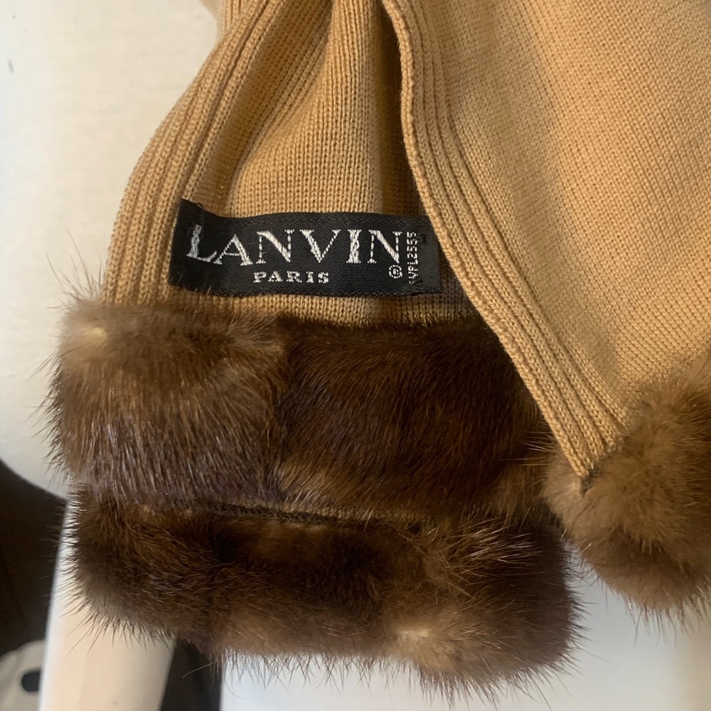 LANVIN PARIS LUXURY CHIC VINTAGE CAMEL KNIT SCARF WITH MINK TRIM - Picture 4 of 12